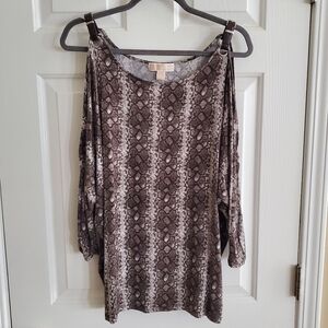 MICHAEL MICHAEL KORS Brown Snake Print Cold Shoulder 3/4 Ruched Sleeves size L